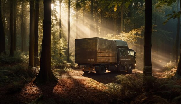 AIによって生成された霧の山の風景の中を貨物を運ぶトラック