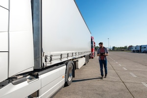 Truck driver inspecting vehicle, trailer and tires before driving