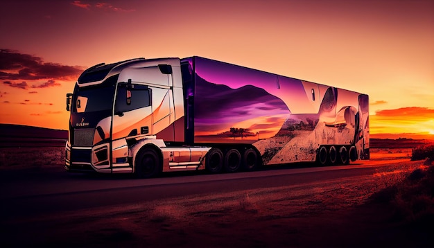 Truck driving through mountain pass at sunset generative AI