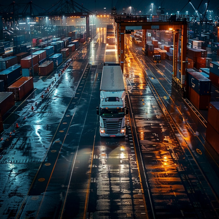 Free Photo truck and logistics operation at dusk