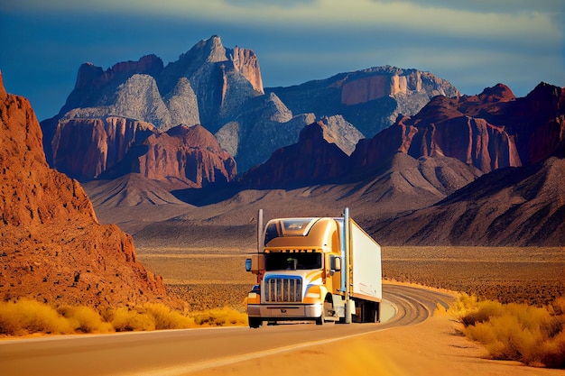 A truck with a white trailer drives down a road with mountains in the background.