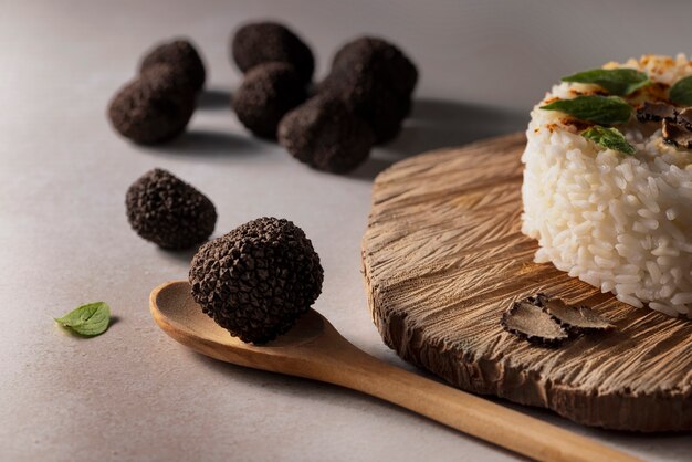 Truffles and rice arrangement high angle