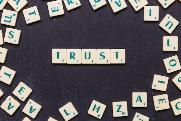 Trust word arranged on black background surrounded by scrabble letters