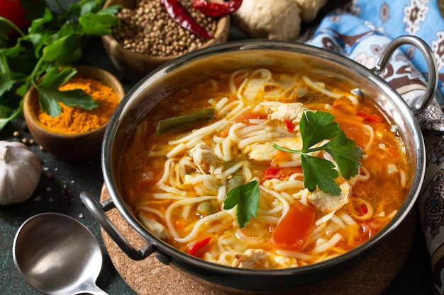 Суп тукпа индийская кухня горячий суп с лапшой с курицей, имбирем, кинзой и чесноком Premium Фотографии