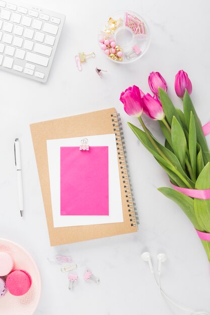 Tulip bouquet and card flat lay