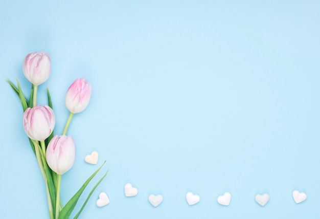 Tulip flowers with small hearts