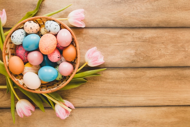 Tulips around bowl with eggs