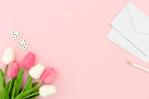 Tulips and envelope with copy space