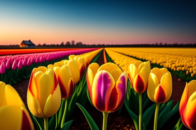 Tulips in a field with a pink and yellow tulip in the middle.