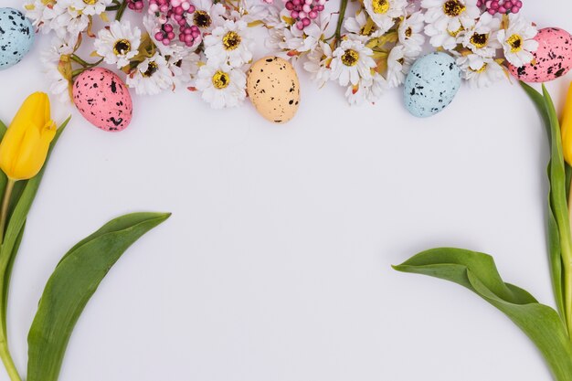 Tulips near eggs and daisies