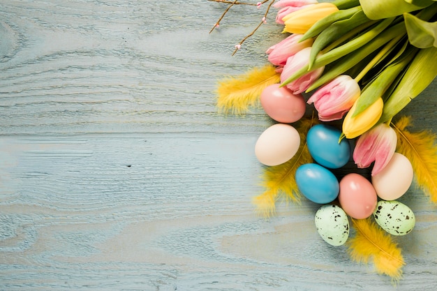 Tulips near eggs and feathers