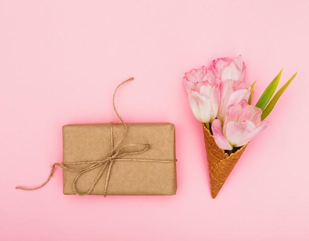 Tulips in waffle cone with gift box