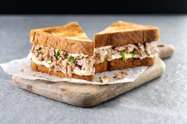 Сэндвич с тунцом с майонезом и овощами на фоне серого камня