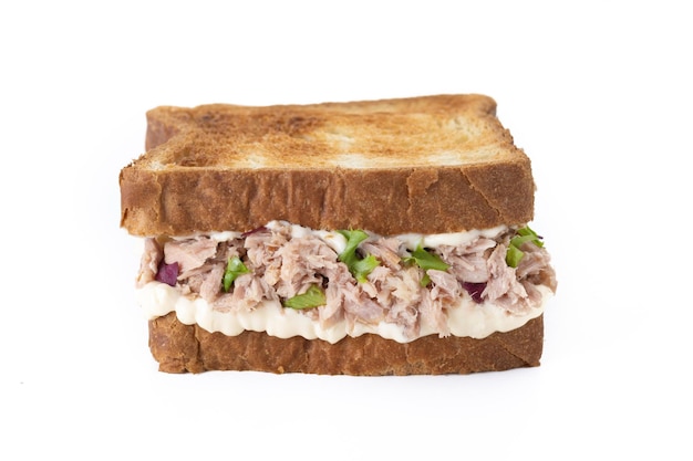 Tuna sandwich with mayo and vegetables isolated on white background