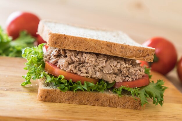 tuna sandwich on wood