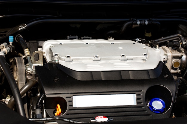 Turbocharged engine on a sports car, close-up under the hood