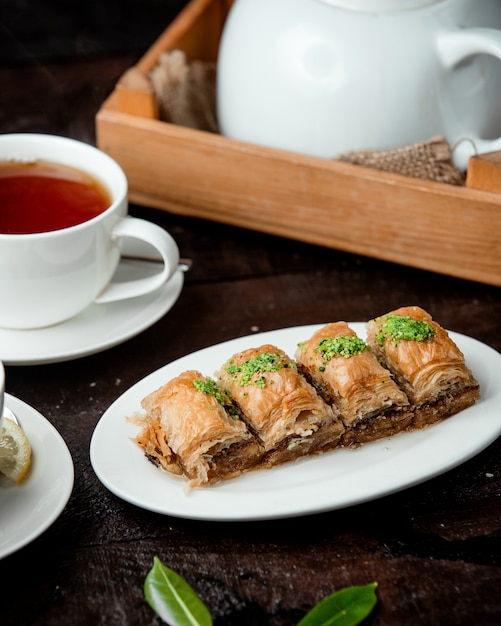 Turkish baklava with nuts and fragrant tea
