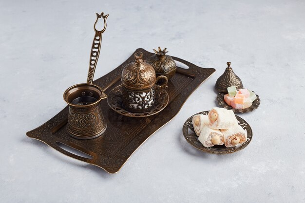Turkish coffee set with jelly and lokum. 
