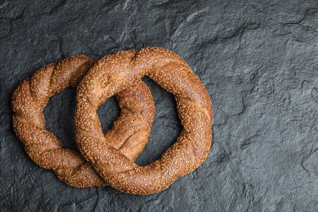 Turkish crunchy round braided bagels with sesame seeds.