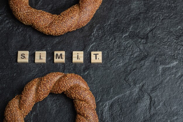 Turkish crunchy round braided bagels with sesame seeds.