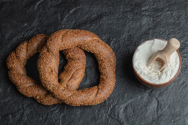 Turkish crunchy round braided bagels with sesame seeds.