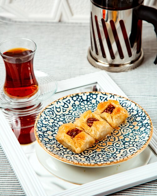 Turkish dessert with walnut and layered dough