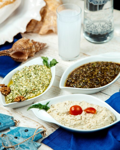 Turkish side dishes platter and turkish raki