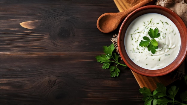 Foto gratuita zuppa di yogurt turco su tavola di legno, adagiata su un piatto, tradizionale zuppa densa a base dei migliori latticini a