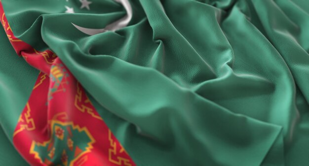 Turkmenistan Flag Ruffled Beautifully Waving Macro Close-Up Shot