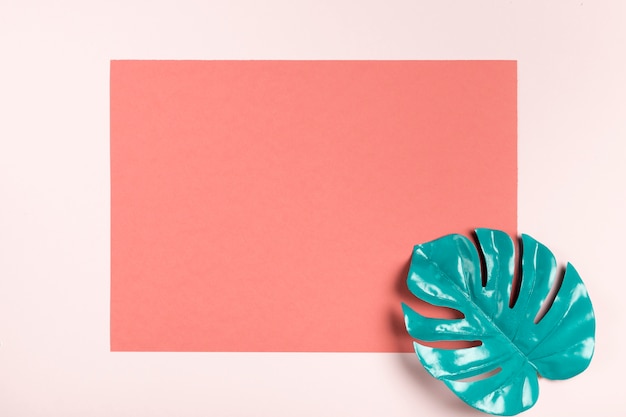 Бесплатное фото Бирюзовый лист на макете розовый прямоугольник