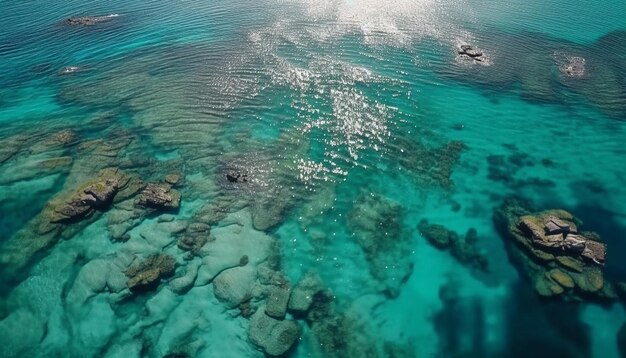 Turquoise ocean waves surround the idyllic coastline generated by AI