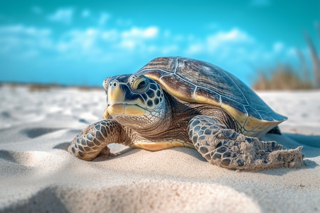 Foto gratuita tartaruga sulla spiaggia a piedi