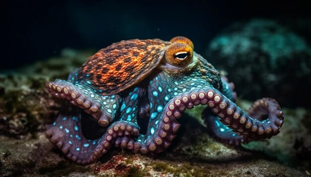 Turtle and octopus swim in tropical reef generated by AI