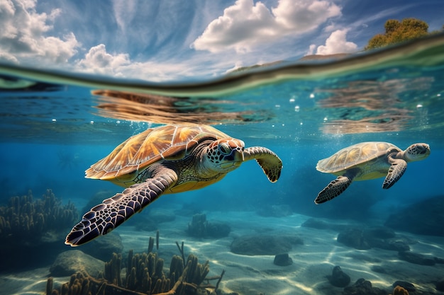 Turtles swimming in ocean