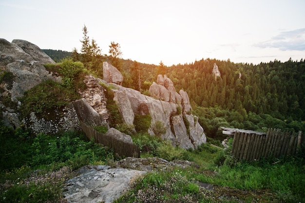 Tustan fortress ruins of rocks at carpathian ukraine