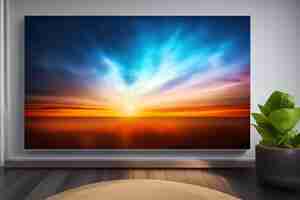 Free photo a tv is on a wooden floor and the tv is displaying a sunset