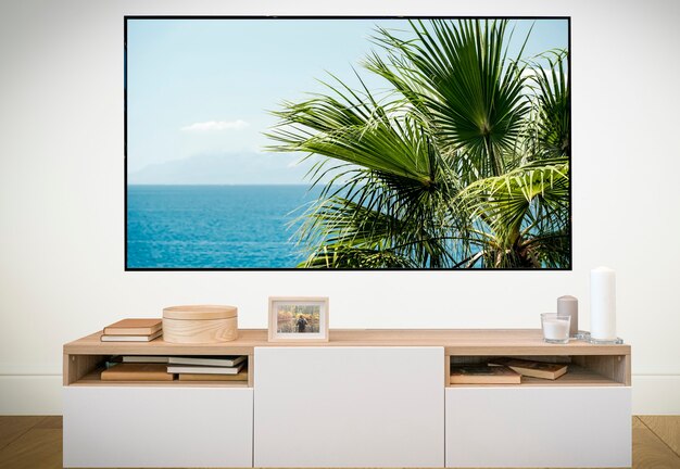 Tv led mock up screen smart tv on a curbstone in an empty interior high quality photo