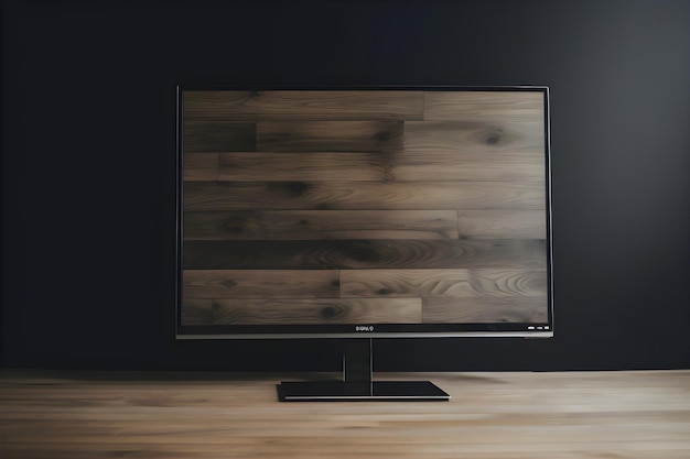 Бесплатное фото Телевизор на черной стене с деревянным полом mock up 3d rendering