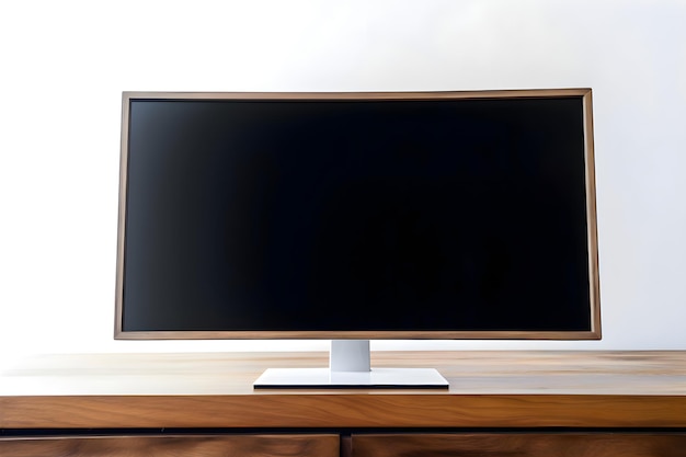 Бесплатное фото Телевизионный экран на деревянном столе с белым фоном на стене