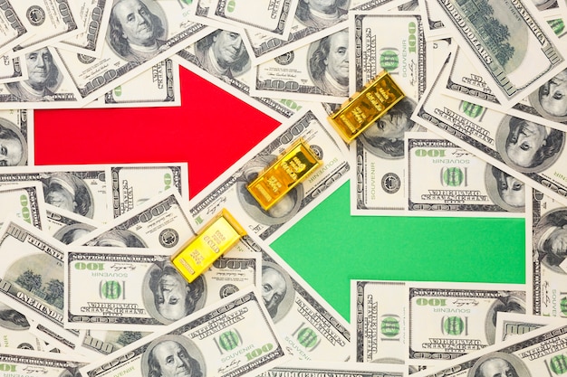 two arrows on top of banknotes background