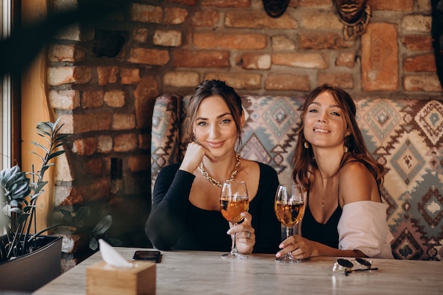 Two attractive girls sitting in a cafe and drinking wine