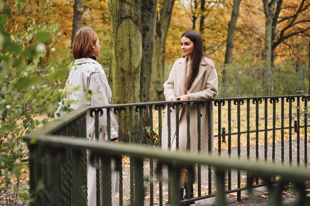 가을 도시 공원에서 함께 쉬면서 행복하게 이야기하는 두 명의 매력적인 세련된 소녀