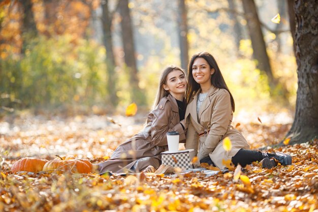 芝生の上のピクニック毛布に時間を費やしている2人の美しい女性の友人。秋の公園でクロワッサンを食べてピクニックをしている2人の若い笑顔の姉妹。コートを着ているブルネットとブロンドの女の子。