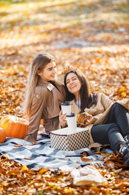 Two beautiful female friends spending time on a picnic blanket on the grass. Two young smiling sisters making picnic eating croissant in autumn park. Brunette and blonde girls wearing coats.