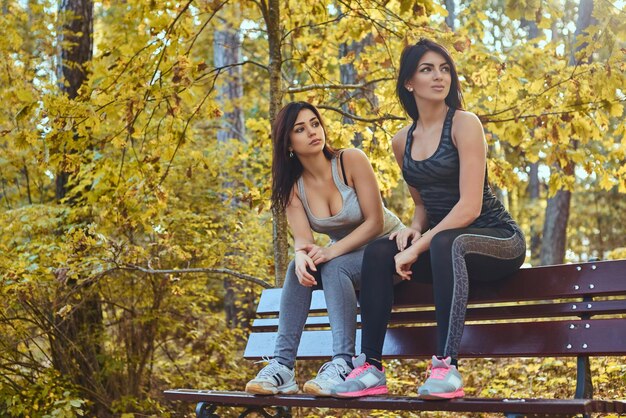 Two beautiful girls wearing sportswear talking while sitting on a bench in the autumn park