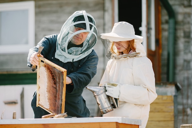 Free photo two beekeepers working in apiary. working in coverall equipment.