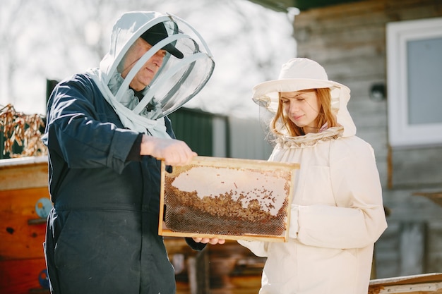 Two beekeepers working in apiary. working in coverall equipment.