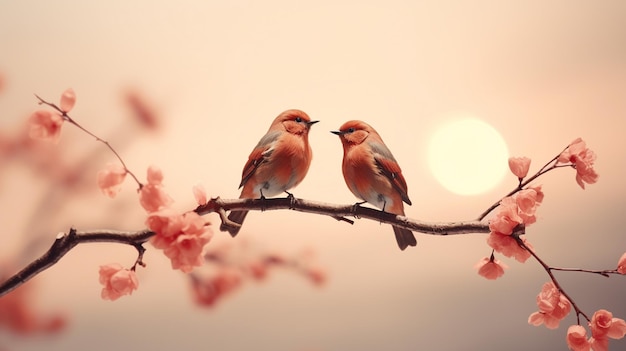 無料写真 花の枝の上に2匹の鳥