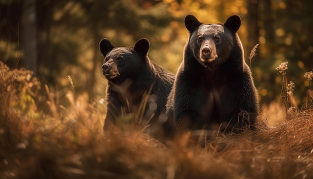 Two black bears in a forest with a golden background