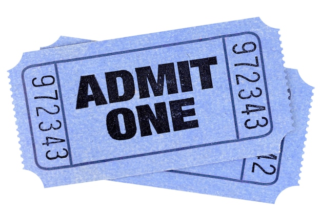 Two blue admit one movie tickets stubs